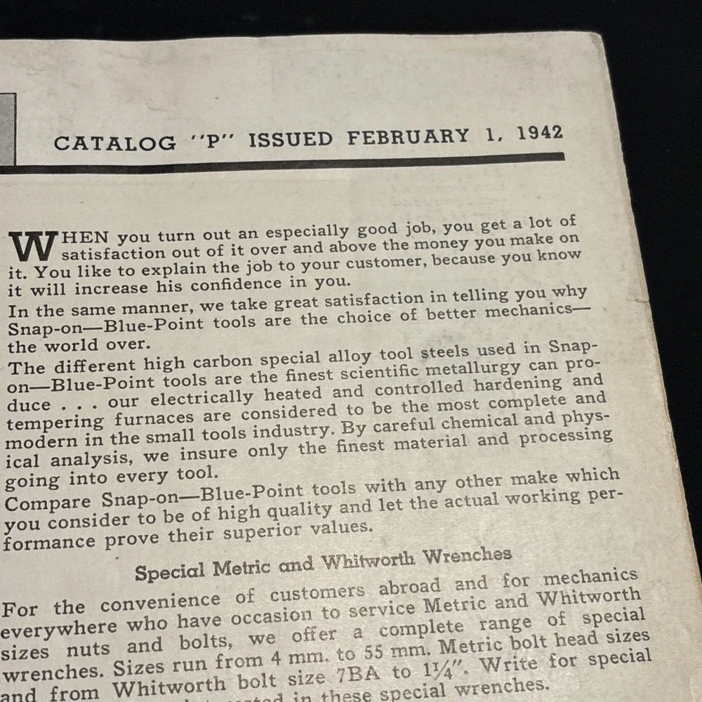 Vintage 1942 Snap On Catalog Blue Point Tools Catalog P WWII Era 96 Pages
